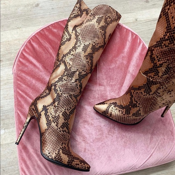 Knee High Pointed Toe Stiletto Heel Boot in Brown Snakeskin Effect Faux Leather - Picture 7 of 16